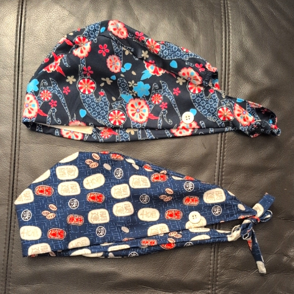 Surgical Scrub Caps With Ties And Buttons For Mask Loops - Patterned